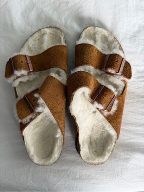 Birkenstock Arizona Shearling-Lined Suede Sandal in Cognac Brown
